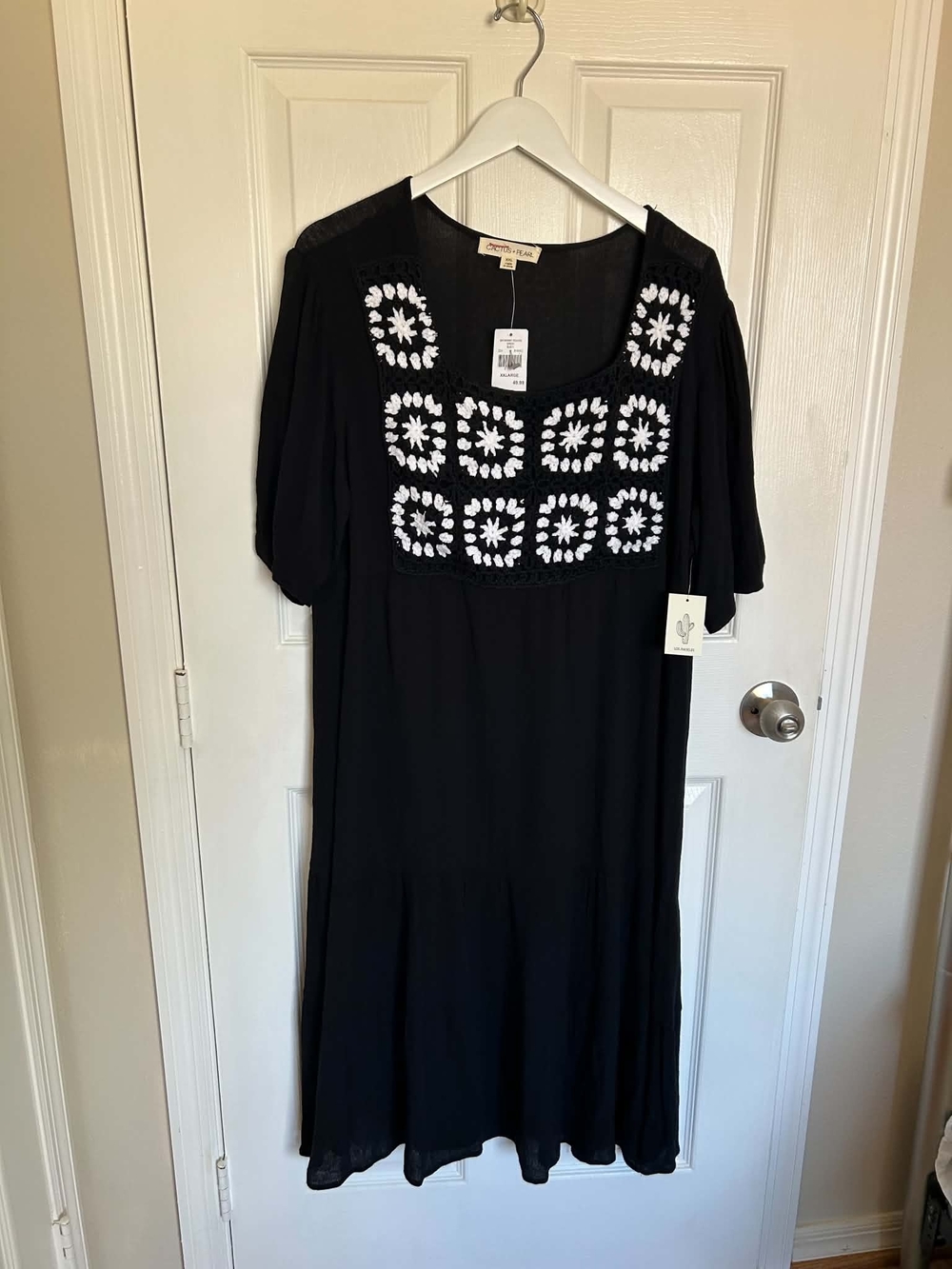 Black Granny Square Dress with White Embroidered Square Yoke by Cactus + Pearl